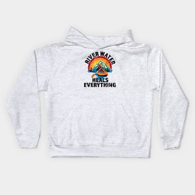 River Water Heals Everything - Kayak - Great Gift for River Lovers - Multi Color Logo & Black Lettering - Distressed Look Kids Hoodie by RKP'sTees